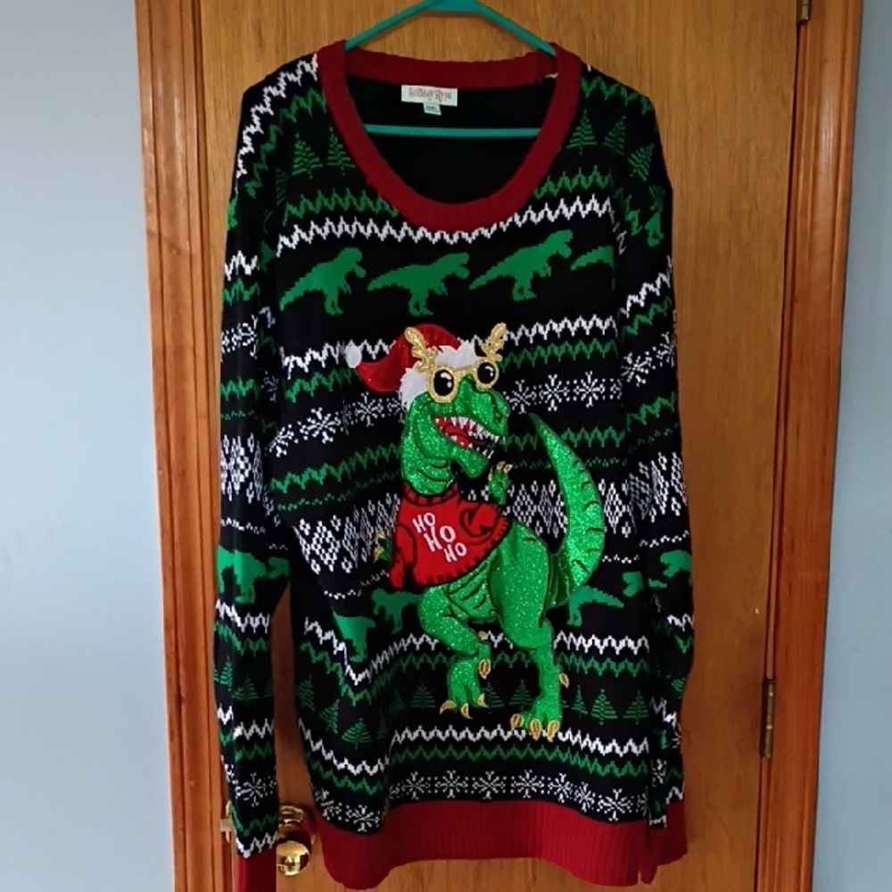 Dinosaur Christmas Sweater in Green and Red